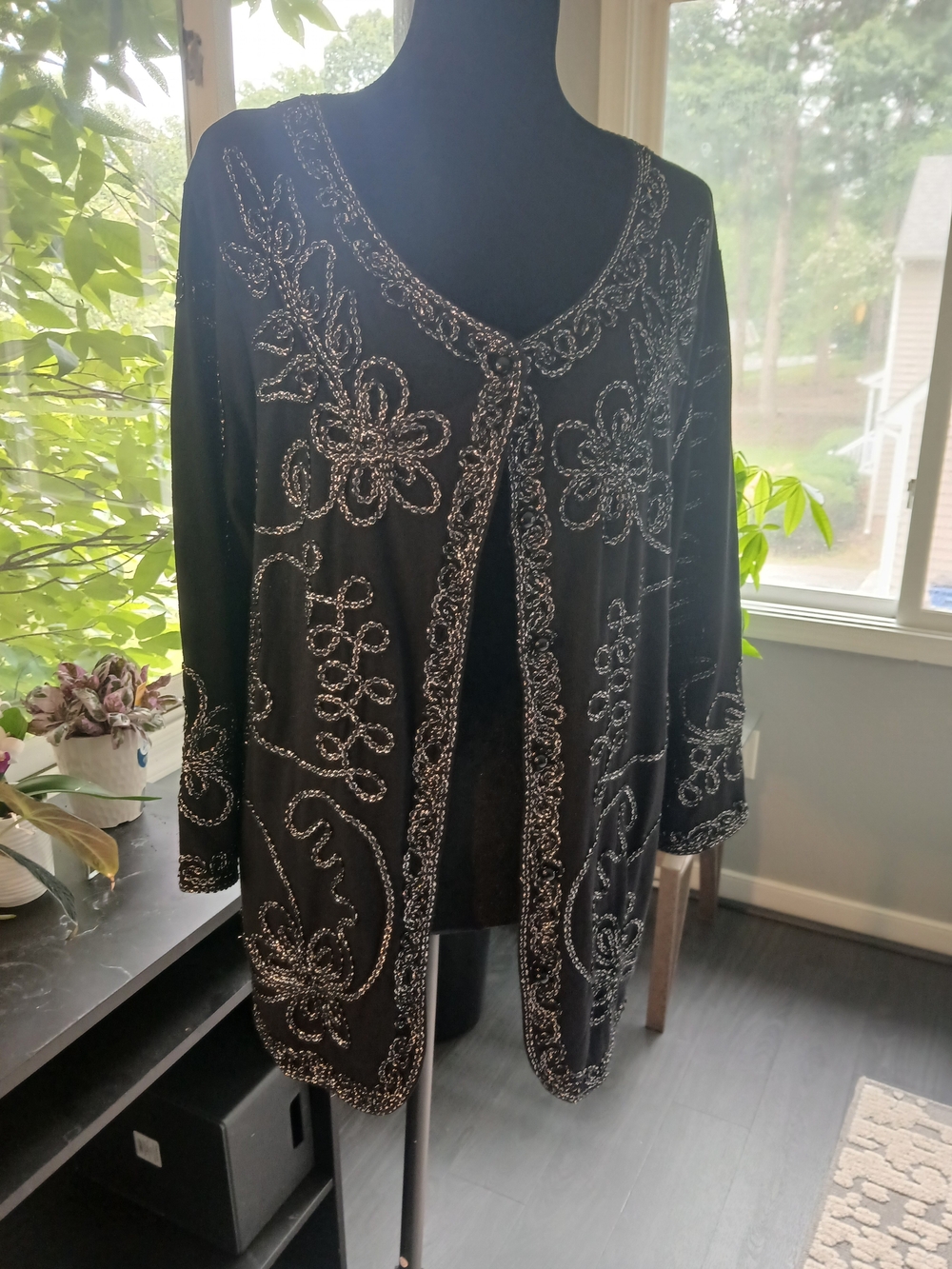 Carole Little Black Button Down Cardigan with Silver Bead Floral Embroidery 1X